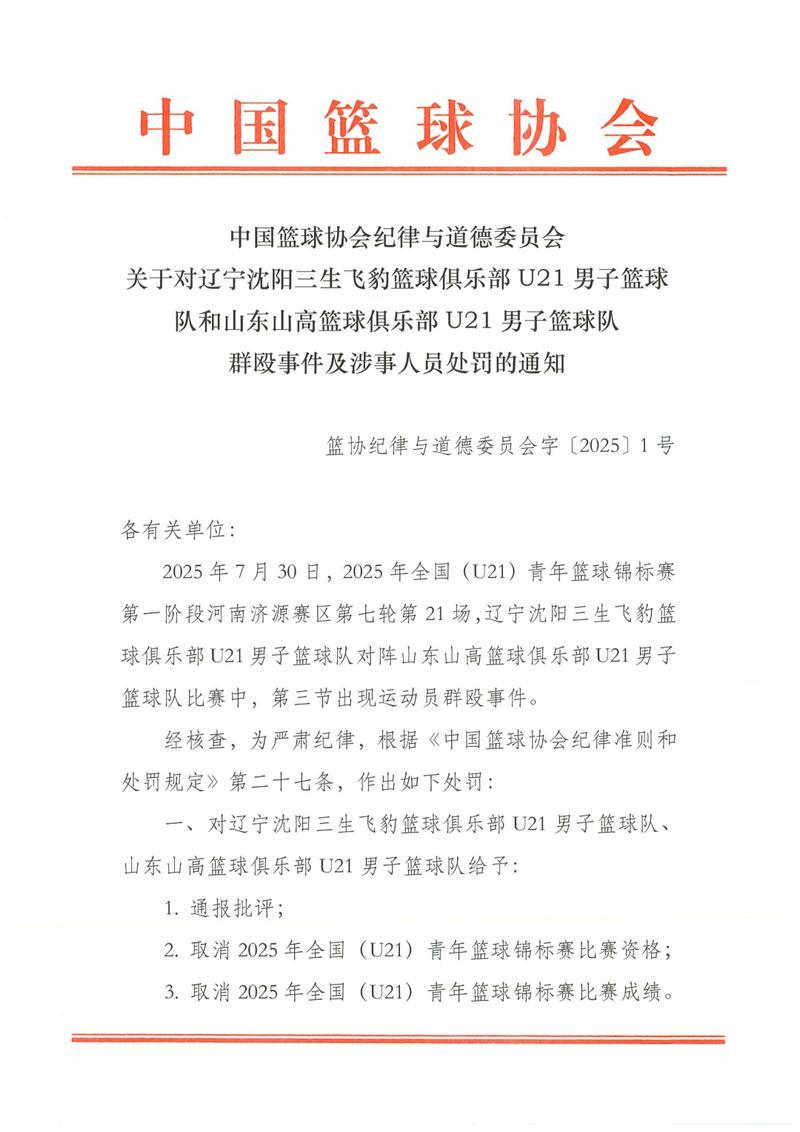 中国篮协公布U21斗殴事件处罚决定：4球员禁赛3年